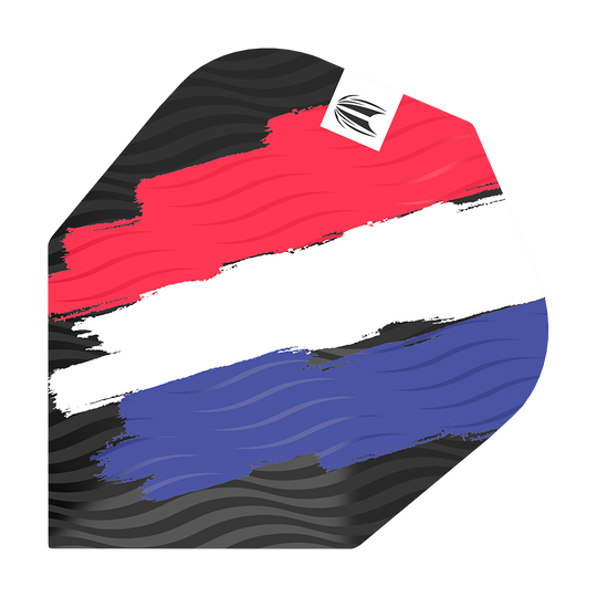 Dieses Bild zeigt ein Dart-Flight mit dem Design der niederländischen Flagge in rot, weiß und blau. In der oberen Ecke befindet sich ein kleines Logo auf weißem Hintergrund.