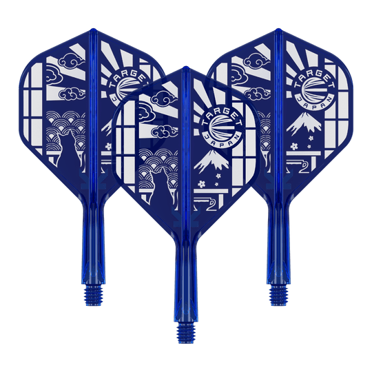 Target Japan K-Flex Blue Limited No2 Standard Flights Das Bild zeigt '410291 Target Japan K-Flex Blue Limited No2 Flights 19mm 1Set'. Es handelt sich um ein Set limitierter Flights für Darts in Blau.