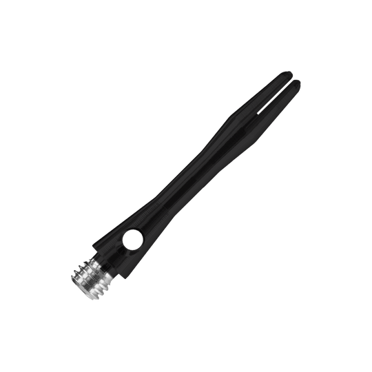 Das Bild zeigt einen Harrows Keramic Shaft in mattem Schwarz. Der Schaft hat ein elegantes, glattes Design mit einem silbernen Gewinde am Ende.