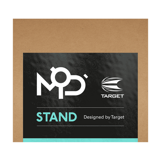 460004_Target_MOD_Stand_Darthalterung_4 Auf dem Bild ist eine Verpackung mit dem Schriftzug "MOD" und dem Logo von Target zu sehen. Darunter steht "STAND – Designed by Target".