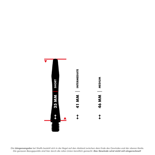 Das Bild zeigt die Längenangaben für Dart-Shafts mit den Größen Short (35 mm), Intermediate (41 mm) und Medium (46 mm). Die roten Linien markieren die Messpunkte, wobei das Gewinde nicht mit eingerechnet wird.