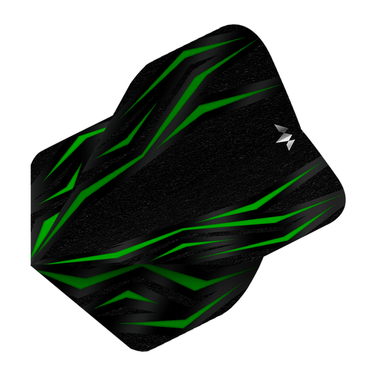 Mission Lava Green No2 Standard Flights Das Bild zeigt das Produkt „Mission Lava Green No2 Standard Flights“. Es ist ein schwarzes Dart-Flight mit grünen, lavamusterartigen Linien.