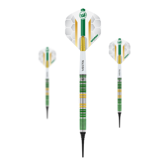 Winmau Xenon Softdarts - 20g Das Bild zeigt drei Winmau Xenon Softdarts mit einem Gewicht von 20 Gramm. Die Darts haben ein auffälliges grünes, gelbes und silbernes Design mit weißen Flights.