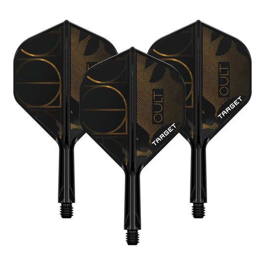 Das Bild zeigt ein Produkt namens '410169 Target K-Flex Cult No2 Standard Flights 19mm 1Set'. Es handelt sich wahrscheinlich um einen Satz Dart-Flights.