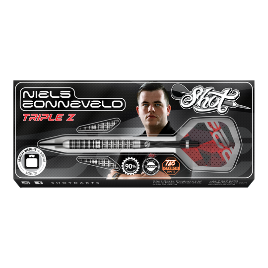 Shot Niels Zonneveld V2 steel darts Auf dem Bild ist die Verpackung der "Shot Niels Zonneveld V2 Steeldarts" zu sehen. Die Verpackung zeigt einen Dartpfeil, das Logo und ein Porträt von Niels Zonneveld.