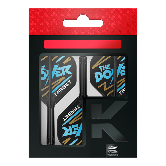 Das Bild zeigt eine Packung „Target K-Flex Phil Taylor No2 Standard Flights“. Die Flights sind überwiegend schwarz und weiß mit blauen und goldenen Akzenten und der Aufschrift „The Power“.