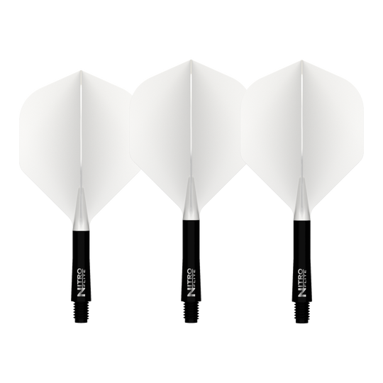 Red Dragon Nitroflite Black Shaft White Flights No2 Abgebildet ist der Red Dragon Nitroflite Black Shaft White Flights No2. Es handelt sich um einen Dart-Schaft in Schwarz mit weißen Flights.