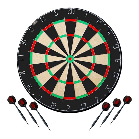 Karella Dartboard BullOut Set including 2 sets of steel darts Das Bild stellt das Karella Dartboard BullOut Set mit zwei Sets Steeldarts dar. Es bietet alles, was man für ein direktes Dartspiel benötigt.
