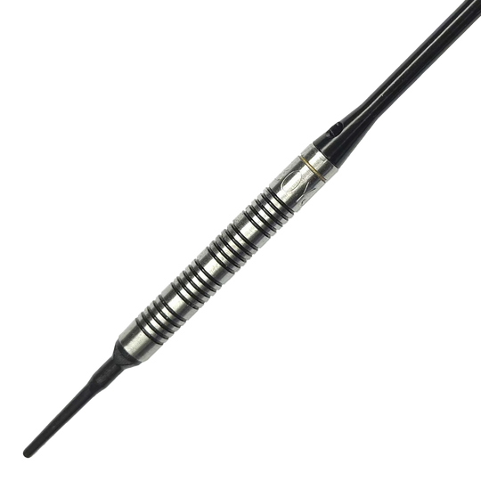 McDart 85 Tungsten V17 Softdarts - 16.5g Das Bild zeigt einen McDart 85er Tungsten V17 Softdart mit einem Gewicht von 16,5g. Der Dart hat ein silber-schwarzes, griffiges Barrel und eine schwarze Spitze.