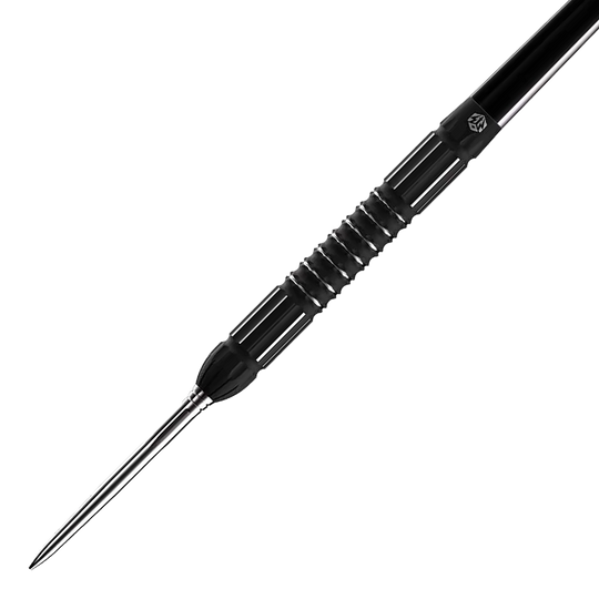 Caliburn Sword S2 steel darts Das Bild zeigt den Caliburn Sword S2 Steeldart. Der Dartpfeil hat ein schwarzes, geriffeltes Griffstück und eine silberne Spitze.