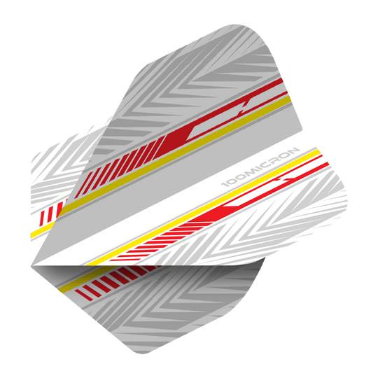 Pentathlon Flights white/red/yellow Das Bild zeigt die Pentathlon White Red Yellow No2 Standard Flights. Die Flights sind überwiegend weiß und grau mit roten und gelben Akzenten sowie einem modernen Muster.