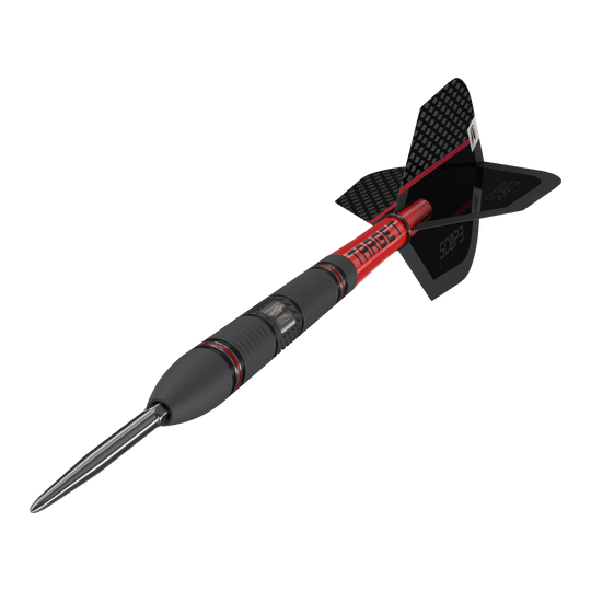 Target Scope 02 Swiss Point steel darts Das Bild zeigt den Target Scope 02 Swiss Point Steeldart. Der Dartpfeil hat ein schwarzes und rotes Design mit einer metallischen Spitze und schwarzen Flights.