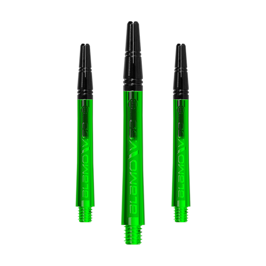 Harrows Alamo VS2 Shafts - Green Ein Set langer Dart-Schäfte mit glänzender Textur ist zu sehen. Die Schäfte liegen sortiert nebeneinander.