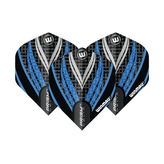 Winmau Prism Delta Black White Blue No. 2 Standard Flights Das Bild zeigt drei Dart-Flights des Modells "Winmau Prism Delta" in Schwarz, Weiß und Blau. Die Flights haben ein modernes, gemustertes Design mit den Markenaufschriften "Winmau" und "Prism Delta".