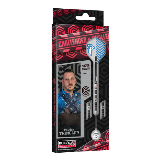 Bulls Challenger Patrick Tringler Steel Darts - 21g Zu sehen ist das Set Bulls Challenger Patrick Tringler Steeldarts mit 21g. Es handelt sich um hochwertige Steeldarts mit dem Namen des Profis Patrick Tringler.