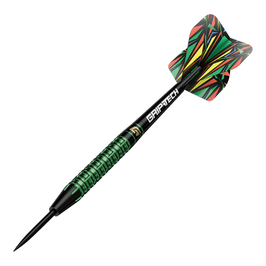 Auf dem Bild sind die GOAT Athlete Green Tungsten Steeldarts zu sehen. Es handelt sich um hochwertige Steeldarts mit grünem Akzent.