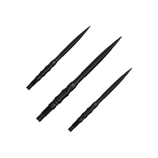 Harrows Quick Point Axis Elite Series Dartspitzen - Schwarz Axis Black Elite Series Dartspitzen in 35mm werden gezeigt. Die Spitzen sind schwarz und filigran.