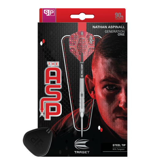 Target Nathan Aspinall GEN1 Swiss Point steel darts Das Bild zeigt die Verpackung der "Target Nathan Aspinall GEN1 Swiss Point Steeldarts". Auf der Verpackung ist ein Steeldart sowie das Porträt eines Mannes abgebildet.