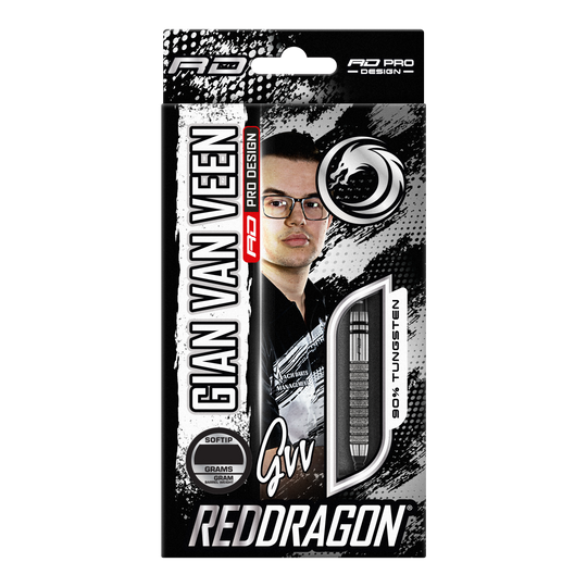 Red Dragon Gian Van Veen Tour Edition Softdarts - 20g Auf dem Bild ist die Verpackung der "Red Dragon Gian Van Veen Tour Edition Softdarts - 20g" zu sehen. Die Packung zeigt ein Porträt von Gian Van Veen und ein Sichtfenster mit einem Dartpfeil.