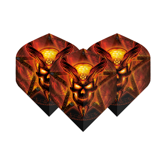 Alchemy Burning Temple No2 Standard Flights Die Abbildung zeigt drei Dart-Flights mit einem brennenden, dämonischen Totenkopf-Design vor einem Pentagramm. Die Farben sind hauptsächlich feuriges Rot und Gelb, was dem Produkt ein auffälliges und dramatisches Aussehen verleiht.