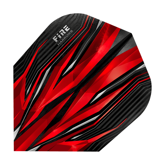 HR1_Harrows_Fire_Red_Standard_Flights_1Tl705vunaS1Pg Dies ist ein Harrows Fire Red Standard Flight für Darts. Das Design zeigt auffällige rote, schwarze und weiße Linien mit einem modernen, dynamischen Muster.
