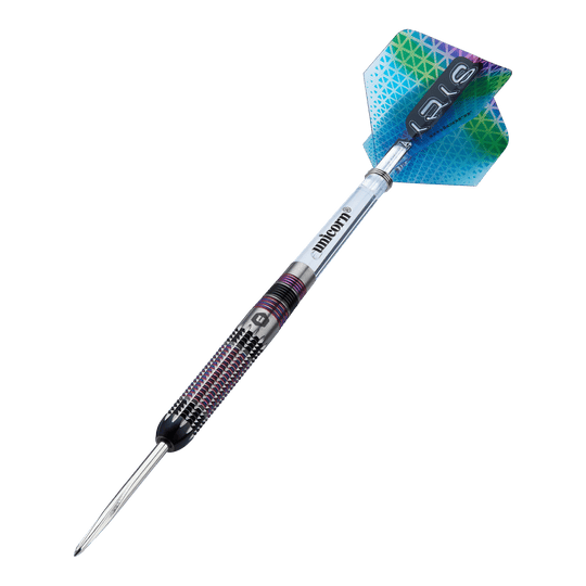 Unicorn Iris Steeldarts Unicorn Iris Steeldarts sind als Set abgebildet. Die Darts haben eine auffällige Form.