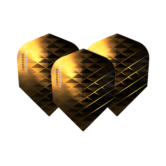 HR7605_Harrows_Paragon_Gold_No2_Standard_Flights_1z1L45aOP0fRWM Das Bild zeigt drei Dart-Flights mit einem gold-schwarzen, rautenförmigen Muster. Auf den Flights steht der Produktname "Harrows Paragon Gold No2 Standard".