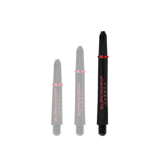 HR359_Harrows_Supergrip_Carbon_Shafts_Rot_47mm_1 Das Bild zeigt drei schwarze Dartschäfte der Marke Harrows Supergrip Carbon mit roter Aufschrift. Die Schäfte sind in unterschiedlichen Längen dargestellt.