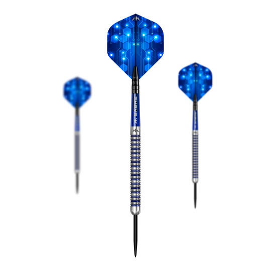 Mission ION Blue Silver steel darts Hier ist das Set Mission ION Blue Silver Steeldarts dargestellt. Es handelt sich um hochwertige Steeldarts in Blau und Silber.