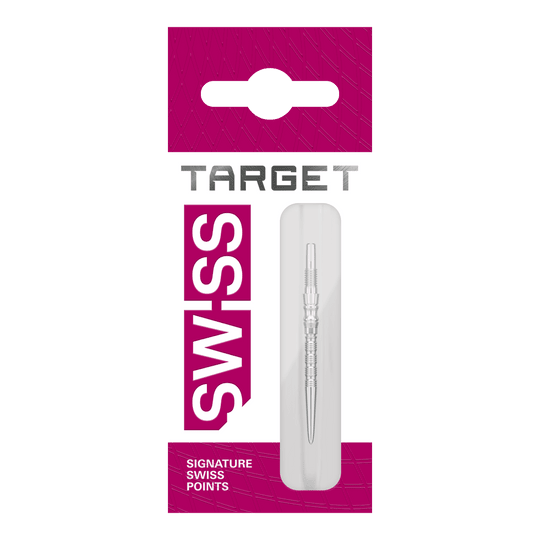Target Signature Swiss Point TRB steel dart tips - silver Drei silberne Dartspitzen liegen nebeneinander. Das Bild zeigt vermutlich 'Target SwissPoint Signature TRB Dartspitzen' mit einer Länge von 30 mm.