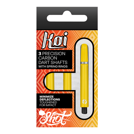 Shot Koi Carbon Shafts - Yellow Das Bild zeigt eine Packung mit drei gelben Präzisions-Carbon-Dartschäften der Marke Koi. Die Verpackung betont, dass die Schäfte mit Federringen ausgestattet sind und dazu dienen, Ablenkungen zu minimieren.