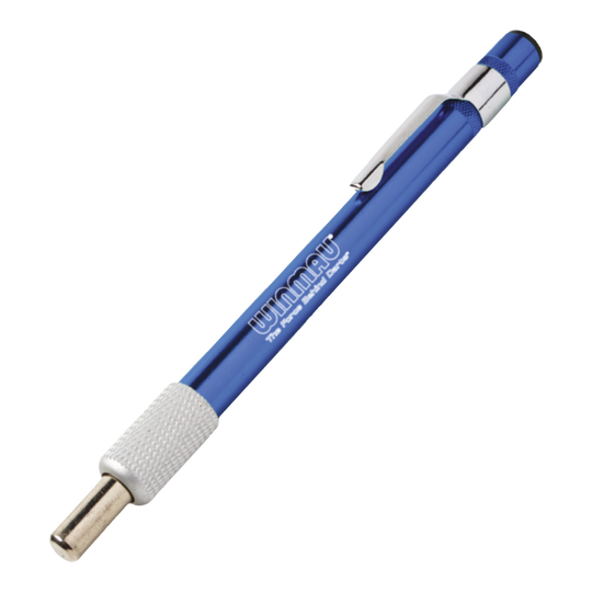 Winmau Diamond Point Sharpener Sharpening Stone Ein blauer Schleifstein für Dartspitzen ist abgebildet. Das Produkt dient dazu, die Spitzen von Darts zu schärfen.
