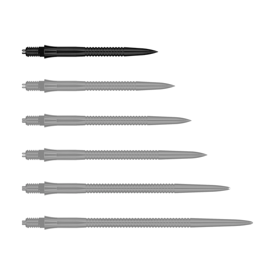 Caliburn EZ-EVO Dart Tips - Grooved - Black Hier sieht man eine weitere EVO201 Caliburn EZ-EVO Dartspitze mit Rillen in Schwarz und einer Länge von 28 mm. Die Spitze ist speziell für Dartspieler geeignet.