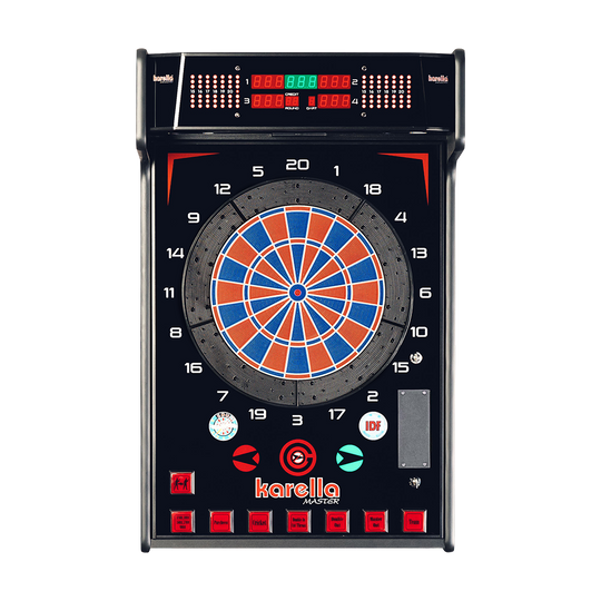 Das Bild zeigt den Karella E-MASTER Dartautomaten ohne Münzeinwurf. Die Dartscheibe ist elektronisch und hat ein digitales Anzeigefeld sowie mehrere Bedientasten.