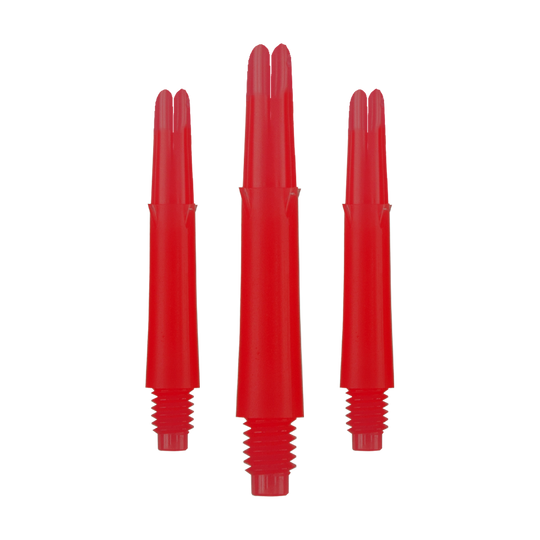 L-L-Style-Shafts Locked Straight - Red Auf dem Bild sind drei rote, gerade Dartschäfte zu sehen. Sie haben ein Schraubgewinde am unteren Ende und sind jeweils 32 mm lang.