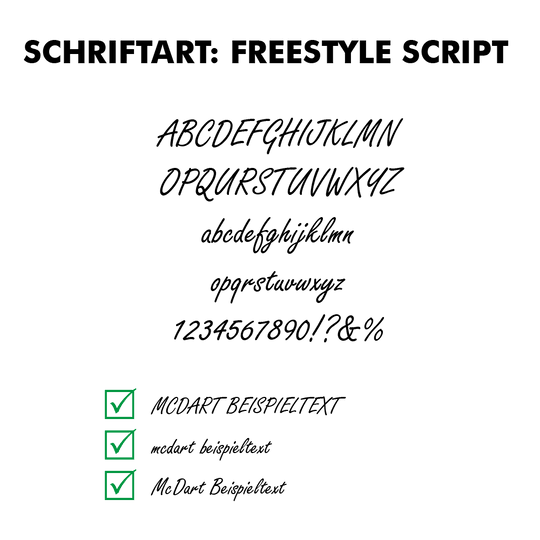 Flightdruck-Schriftart-Freestyle-Scriptjs85TAI9E00rd Das Bild zeigt die Schriftart "Freestyle Script" mit Beispielbuchstaben und Zahlen. Unten werden Beispieltexte in dieser Schriftart angezeigt, jeweils mit einem grünen Häkchen davor.