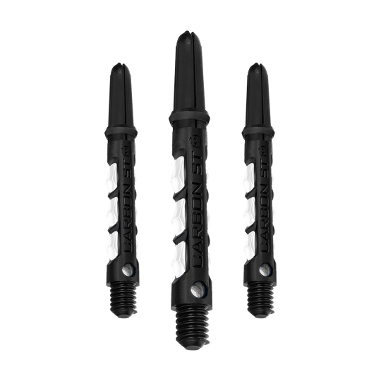 Das Bild zeigt drei weiße Harrows Carbon ST Shafts für Dartpfeile. Die Schäfte haben ein modernes, schwarzes und weißes Design.