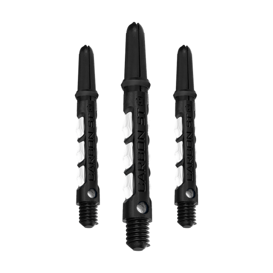HR438_Harrows_Carbon_ST_Shafts_Weiss_40mm_1PQn7quU0Gc5WM Das Bild zeigt drei weiße Harrows Carbon ST Shafts für Dartpfeile. Die Schäfte haben ein modernes, schwarzes und weißes Design.