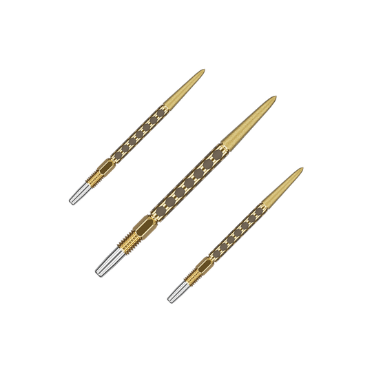 Target Swiss FLT Point Dart Tips - Gold Mehrere kurze goldene Dartspitzen sind als Set nebeneinander angeordnet. Die Spitzen verlaufen parallel.