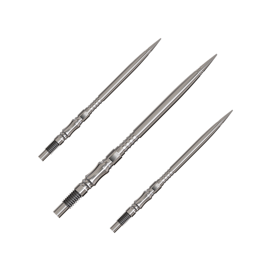 Harrows Quick Point Axis Elite Series Dartspitzen - Silber Axis Silver Elite Serie Dartspitzen in 40mm werden gezeigt. Die Spitzen sind silberfarben.