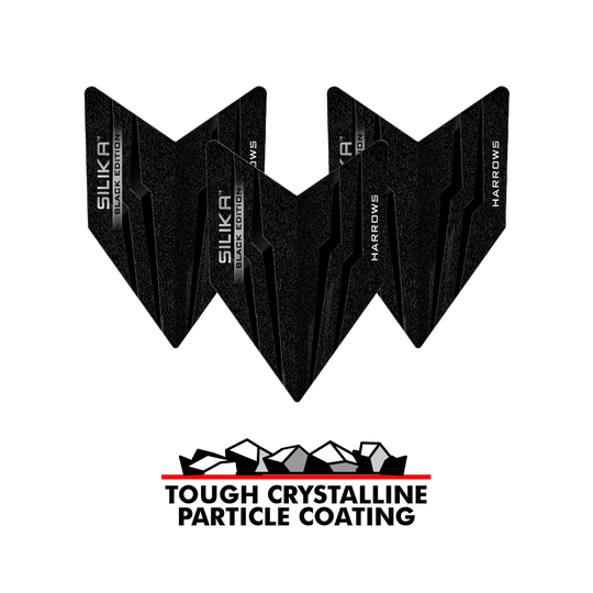 Das Bild zeigt die Harrows Silika Black-Edition Velos Flights in schwarzem Design. Unter den Flights steht der Slogan "Tough Crystalline Particle Coating" mit einer Grafik von Kristallen.