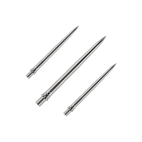 Caliburn EVO dart tips - Smooth - Silver Das Bild zeigt silberne Dartspitzen mit einer glatten Oberfläche, wahrscheinlich aus Metall. Die Dartspitzen sind 28mm lang und werden als Set präsentiert.