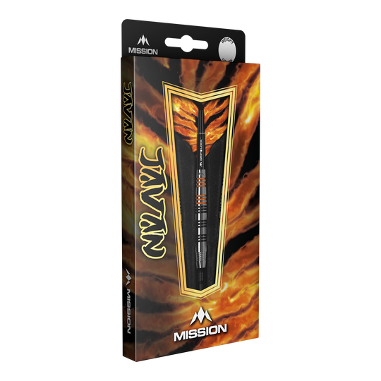 Mission Javan Brass Soft Darts - 18g Die Abbildung zeigt die Verpackung der "Mission Javan Brass Softdarts - 18g". Die Verpackung ist auffällig gestaltet und zeigt einen einzelnen Dartpfeil durch ein Sichtfenster.