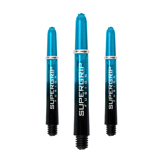 HR346_Harrows_Supergrip_Fusion_Shafts_Aqua_40mm_1IkaPnnB9vqzh7 Das Bild zeigt drei Harrows Supergrip Fusion Shafts in der Farbe Aqua. Die Shafts sind oben blau und unten schwarz mit weißer Schrift.