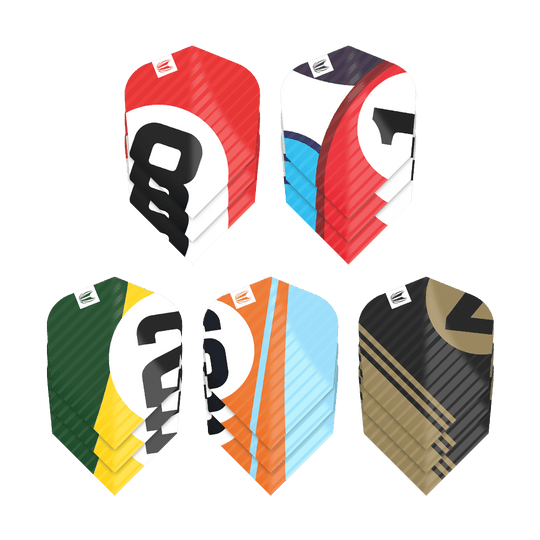 337206_Target_ProUltra_5Sets_Multipack_Chicane_Ten-X_Flights_1 Das Bild zeigt fünf verschiedenfarbige Dart-Flights aus dem "Target Pro Ultra Chicane Multipack Ten-X Flights - 5 Sets". Jeder Flight hat ein einzigartiges Design mit auffälligen Farben und Zahlen.