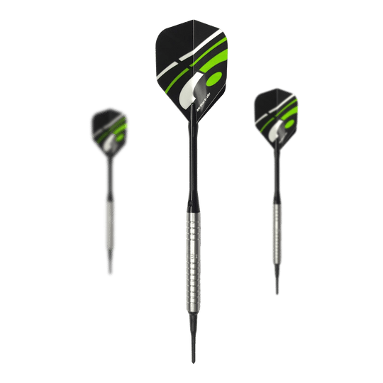 McDart 85 Tungsten V16 soft darts - 16.5g Das Bild zeigt drei Softdarts des Modells "McDart 85er Tungsten V16" mit einem Gewicht von 16,5g. Die Darts haben silberne Griffe und schwarze Flights mit grünen und weißen Akzenten.
