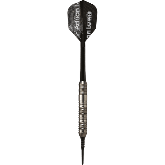 100540_Target_Adrian_Lewis_Silver_Jackpot_Softdarts_1Q9E888c5Maz3y Dies ist ein Softdart mit silbernem Griff und schwarzem Schaft. Auf der schwarzen Flightschaufel steht "Adrian Lewis" geschrieben.
