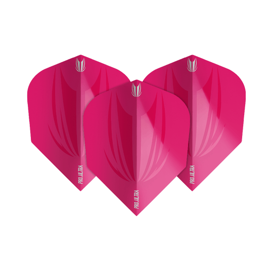 TG419_Target_ProUltra_ID_Pink_No6_Flights_1GOu20S925AFtl Das Bild zeigt drei pinkfarbene Dart-Flights der Marke Target ProUltra ID in der Größe No6. Sie haben ein glänzendes Design mit dem Schriftzug "PRO ULTRA" am unteren Rand.