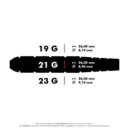 HA05116_Harrows_Voodoo_Brass_Steeldarts_5_21g Das Bild zeigt die Harrows Voodoo Brass Steeldarts in drei verschiedenen Gewichten: 19 g, 21 g und 23 g. Für alle Gewichte beträgt die Länge 56,00 mm, während der Durchmesser je nach Gewicht zwischen 8,10 mm und 9,10 mm variiert.