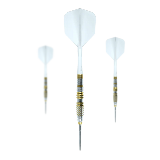 Caliburn Players Darts Lee Soon An Gold Spear Steeldarts - 23g Caliburn Players Darts Lee Soon An Gold Spear Steeldarts mit 23 Gramm. Das Bild zeigt ein Set von Steeldarts mit goldenem Design.